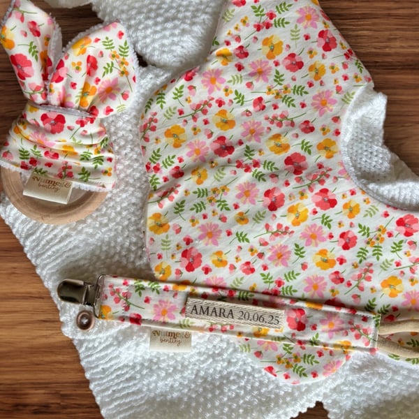 Pink and Yellow Flowers Baby Bib - Scallop or Rounded - GIFTSET AVAILABLE
