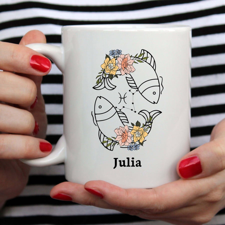 Pisces Floral Zodiac Mug - Customizable 11oz Ceramic Coffee Cup with Star Sign