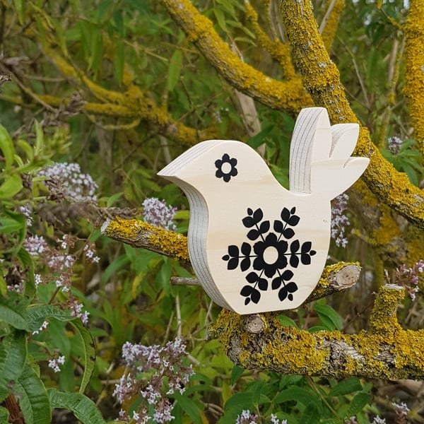 Black Scandi Dala Lovebird Flowerful Ornament Handmade Wood Hygge Decor