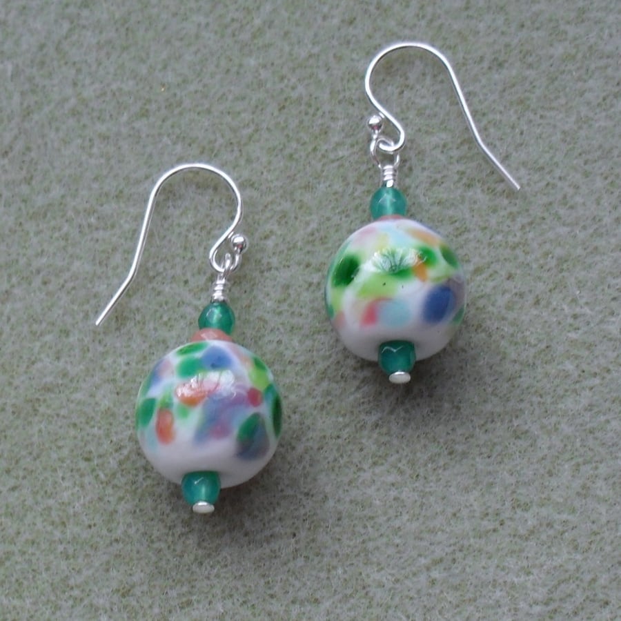 Handmade Glass beads and Gemstone Sterling Silver Drop Earrings 