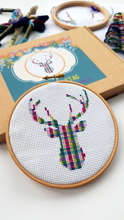 Modern Cross Stitch Kit With Hoop - Tartan Stag