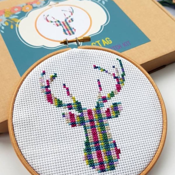 Modern Cross Stitch Kit With Hoop - Tartan Stag