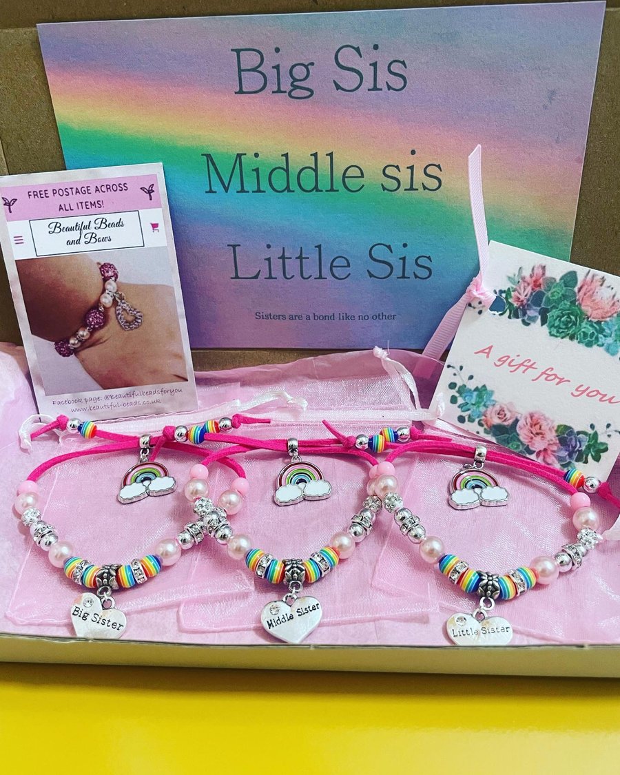 Sibling set suede corded bracelets little sister middle sister big sister charm 