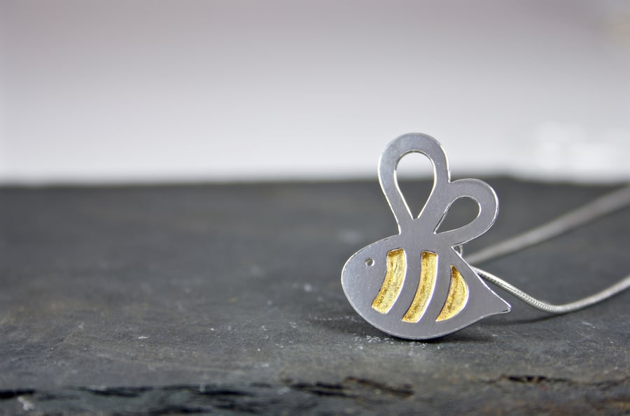 Handmade Silver Bumble Bee Pendant with Gold Leaf Stripes