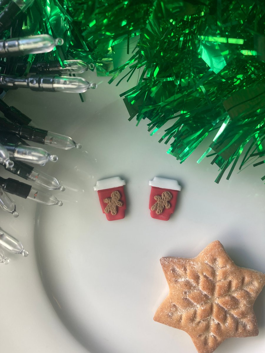 Festive Red Coffee Cup Studs (Candy Cane & Gingerbread!)