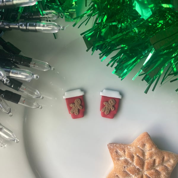 Festive Red Coffee Cup Studs (Candy Cane & Gingerbread!)