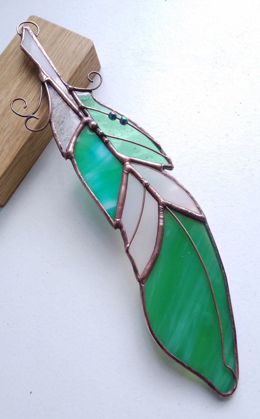 Stained Glass Green Feather - handmade in Hampshire