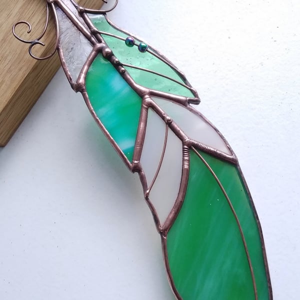 Stained Glass Green Feather - handmade in Hampshire