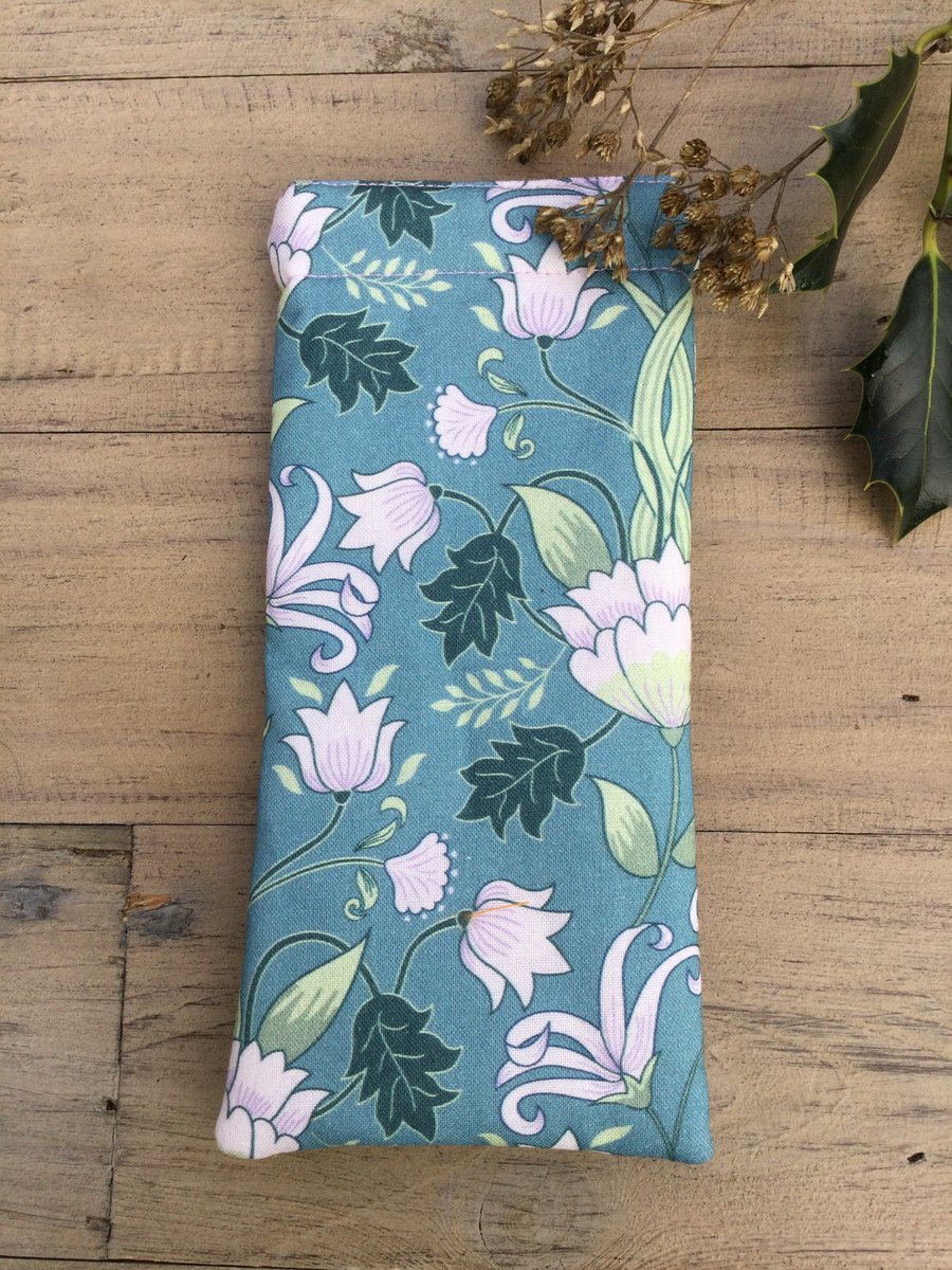 Beautiful floral glasses case, padded, magnetic popper. Lilacs and greens.