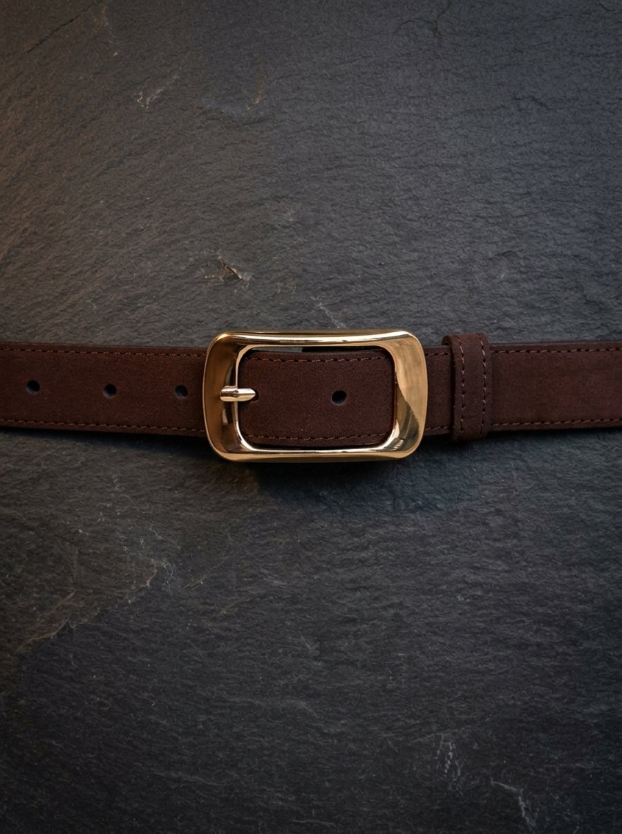 Brown Full Grain Suede Belt Gold-Tone Rectangular Buckle Womens Belt 25mm 1 Inch