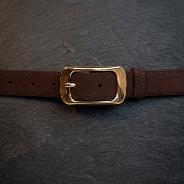 Brown Full Grain Suede Belt Gold-Tone Rectangular Buckle Womens Belt 25mm 1 Inch