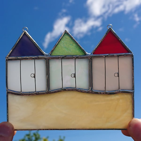 SOLD Three beach hut multi-coloured stained glass suncatcher hanging decoration