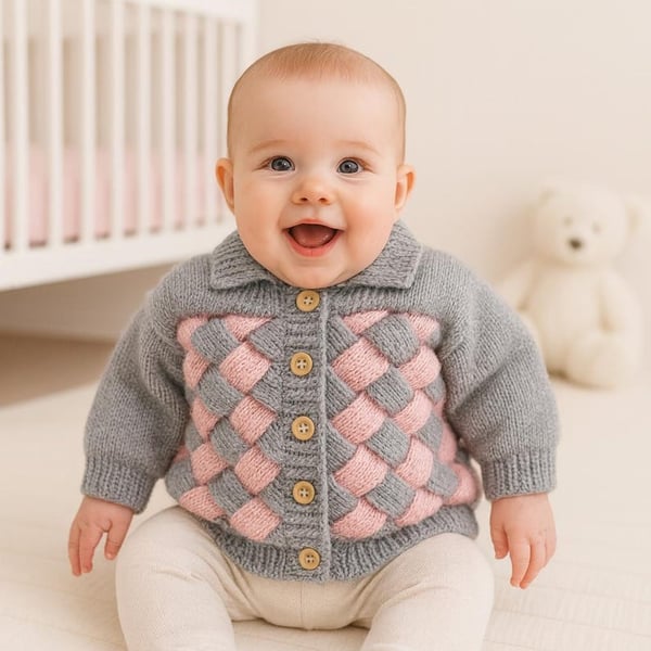 Baby Girl Sweater Hand Knitted Cardigan Grey Pink, Woven Effect Knitted Jacket