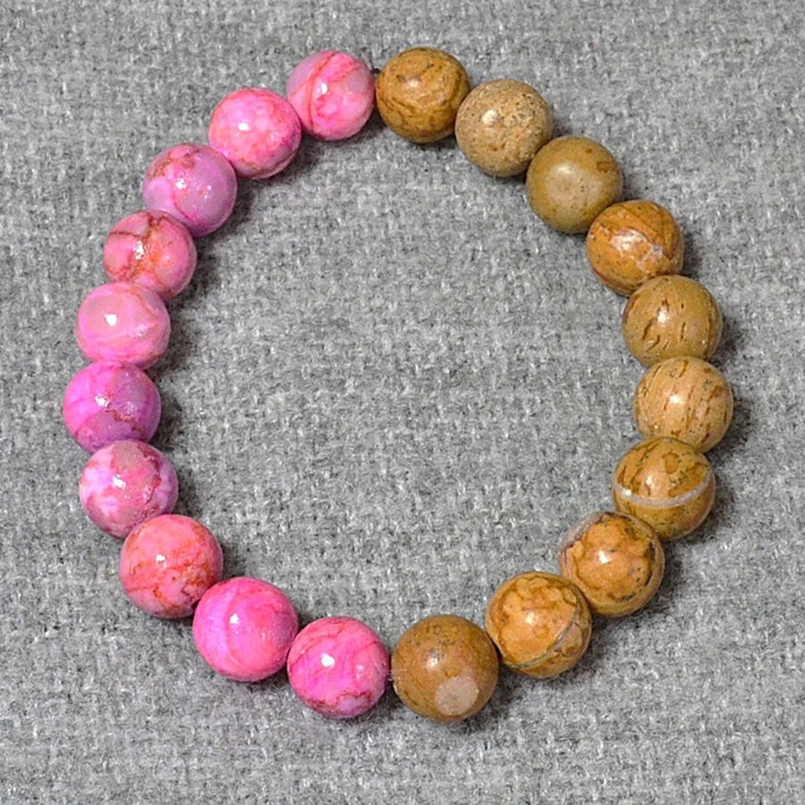 Marbled Sandy Coloured Stone and Pink Stone Elastic Half and Half Bracelet