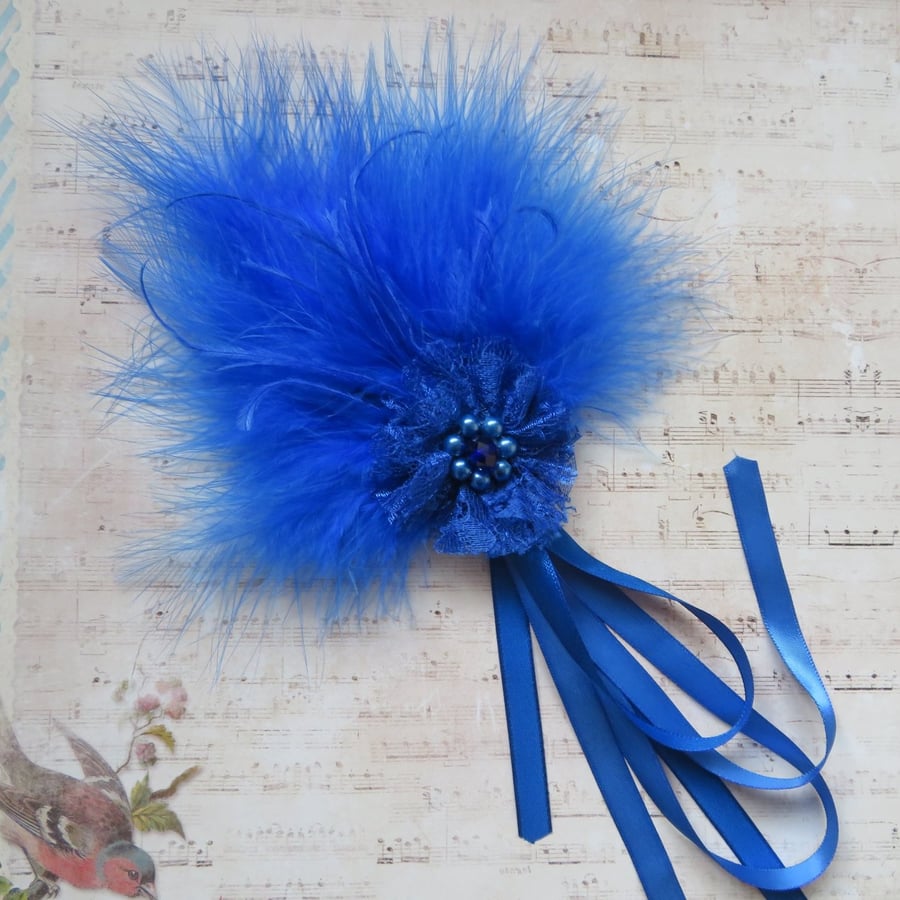 Royal Cobalt Sapphire Blue Feather & Ribbons Regency Style Headpiece Fascinator