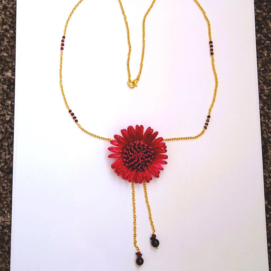 Burgundy Large Flower Convertible Pendant Brooch Garnet Necklace