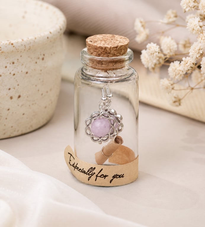 Kunzite Gemstone Message in a Bottle Earrings 