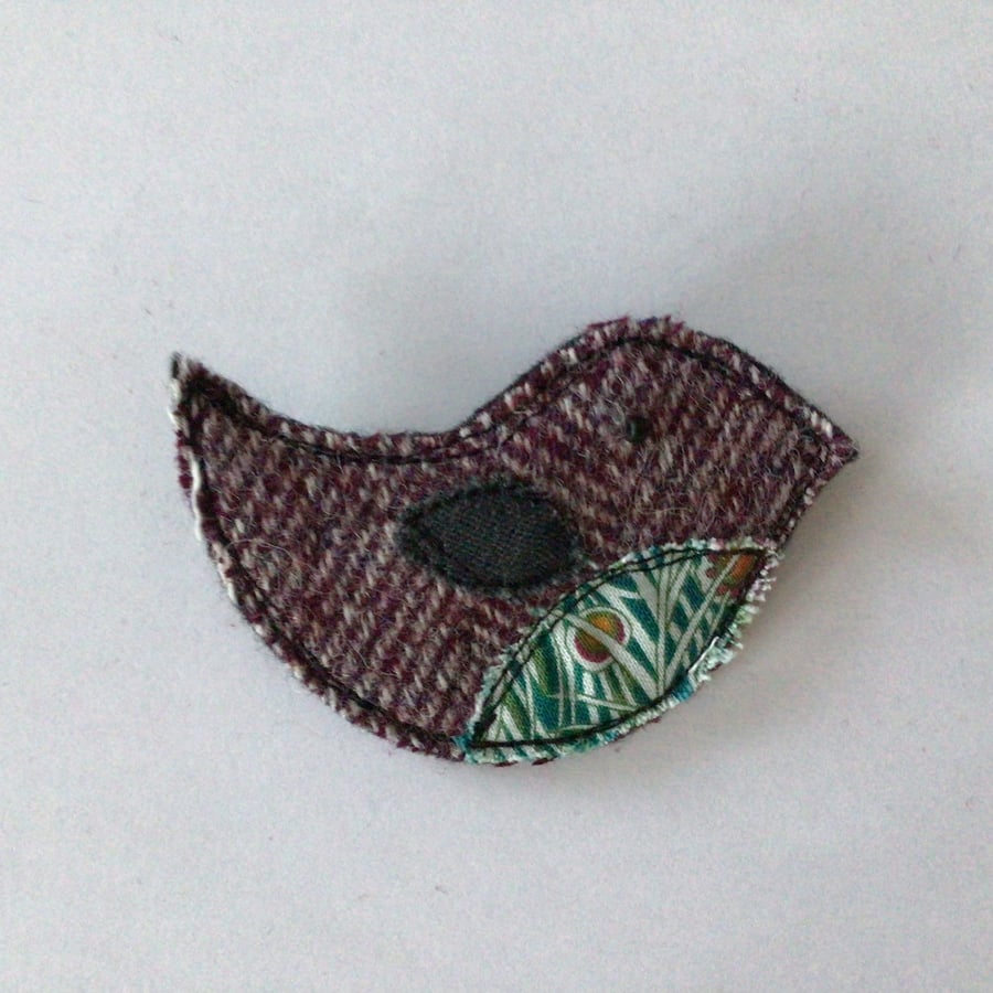 Purple Tweed Wool Textile Appliqué Bird Brooch