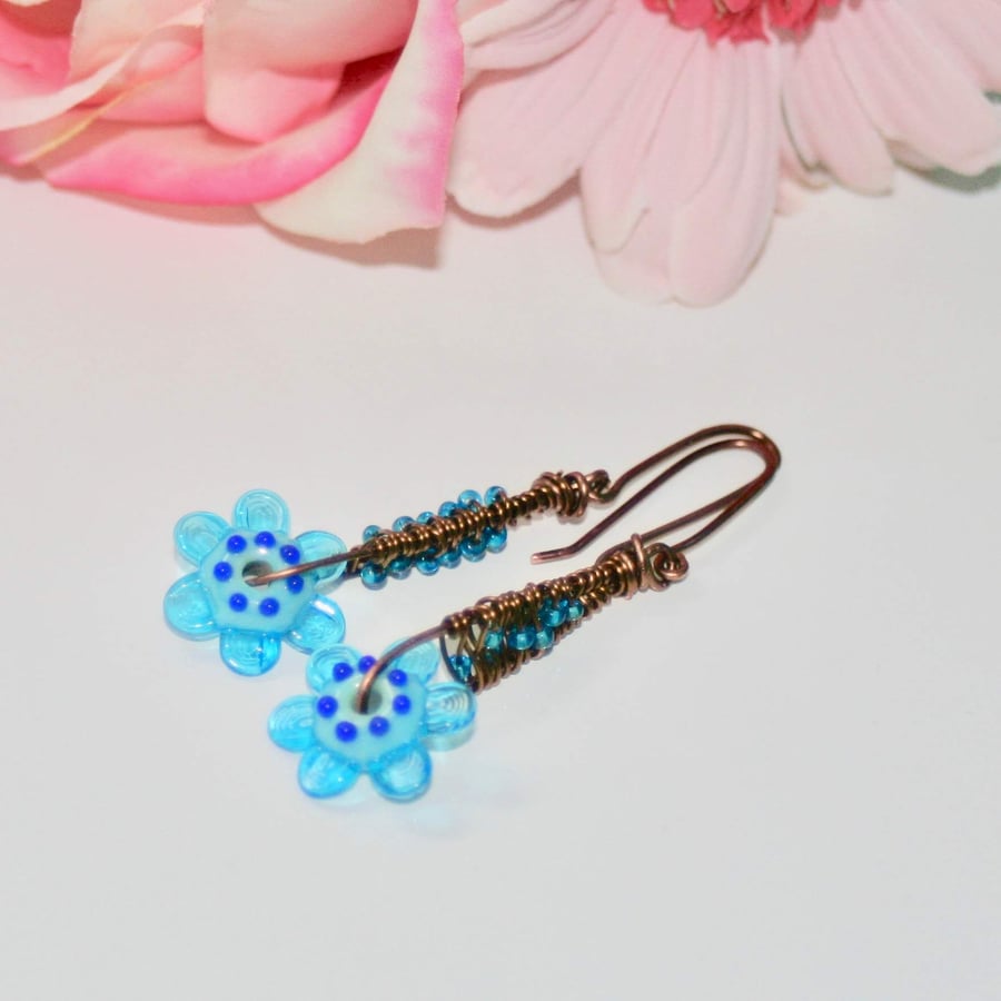 Blue flower wire-wrapped earrings