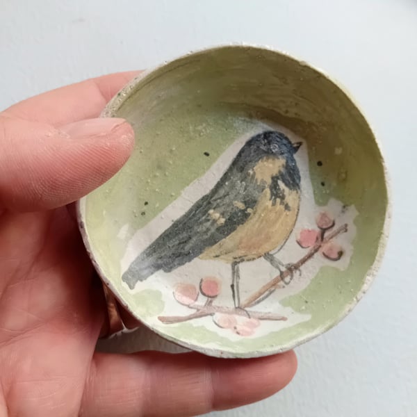 Ceramic trinket dish handpainted rustic earthenware pottery-bird sparrow