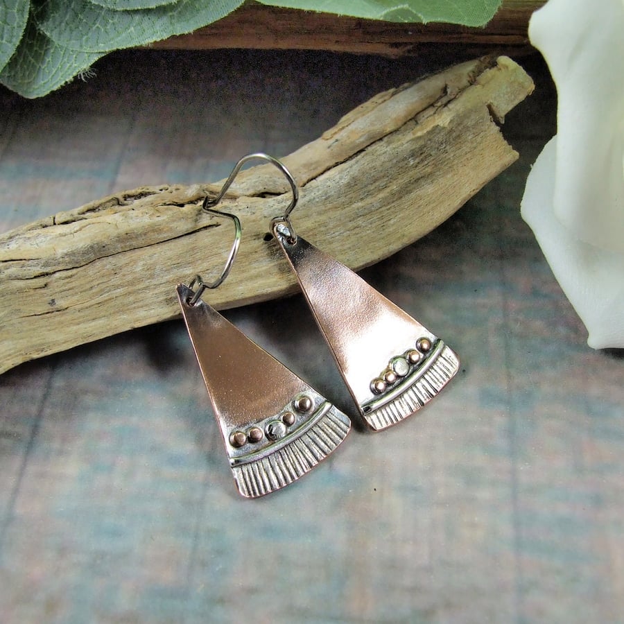 Earrings, Sterling Silver and Copper Fan Dropper Earrings