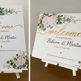 Blush pink roses Eucalyptus WELCOME to the WEDDING sign table decor foliage