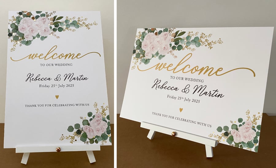 Blush pink roses Eucalyptus WELCOME to the WEDDING sign table decor foliage