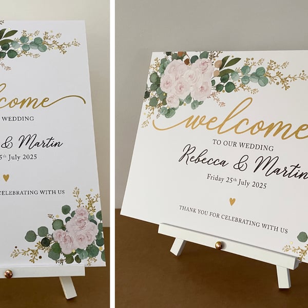 Blush pink roses Eucalyptus WELCOME to the WEDDING sign table decor foliage
