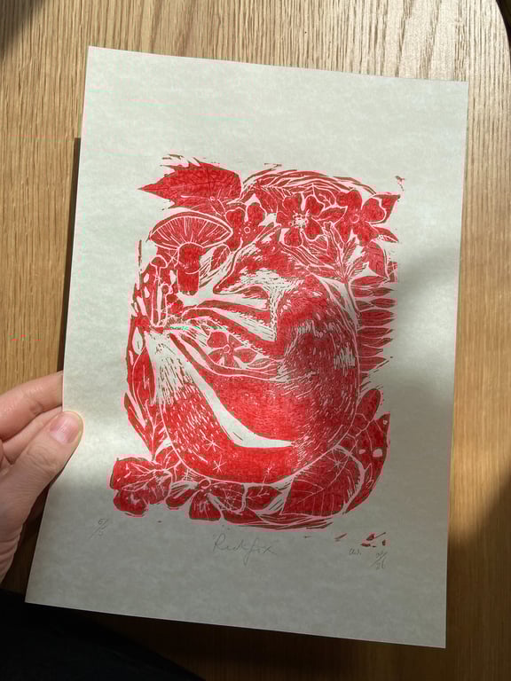 Sleeping Fox Linocut Print