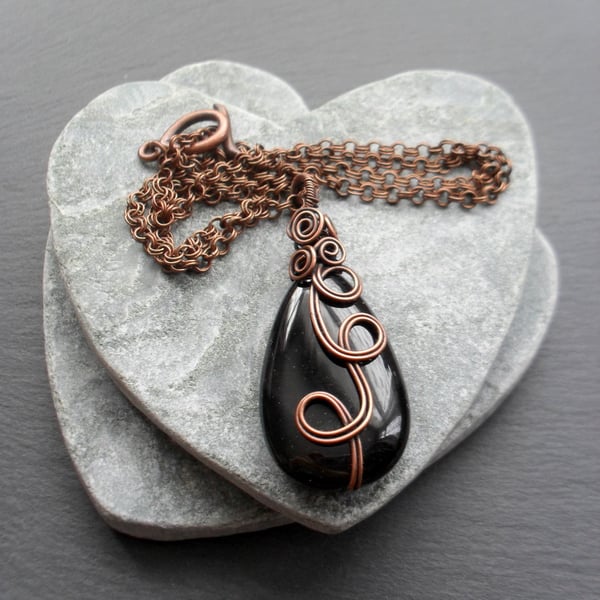 Copper Wire Wrapped Black Agate Pendant 