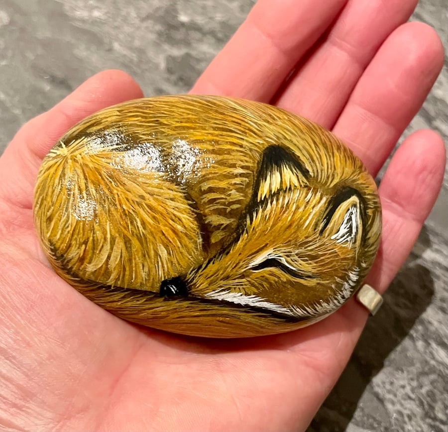 Fox painted pebble garden rock wildlife art