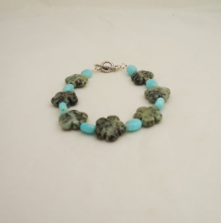 African Turquoise and Larimar Bracelet, Gemstone Bracelet, Flower Bracelet, Blue