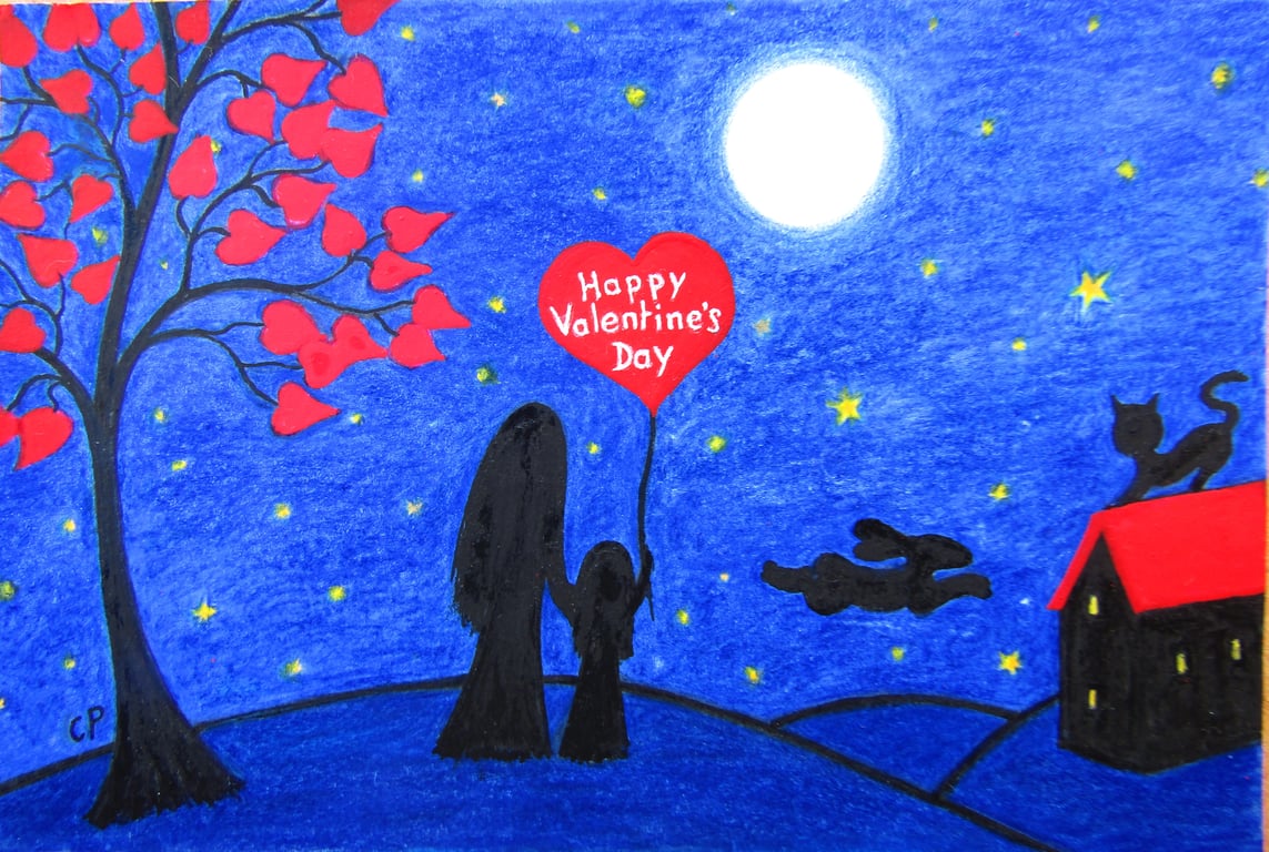 Valentines Day Card, Daughter Mother Art, Heart Moon Stars Tree, Mum and Child 