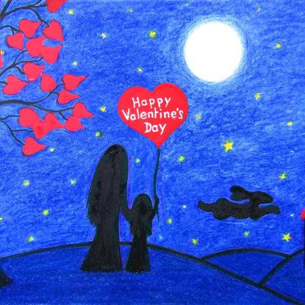 Valentines Day Card, Daughter Mother Art, Heart Moon Stars Tree, Mum and Child 