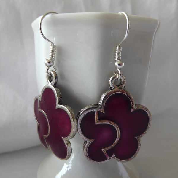 Cranberry Enamel Flower Earrings with silver plated ear-wires