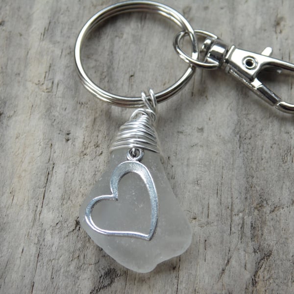 White Cornish Sea Glass with Heart Charm Bag Charm Keyring K581