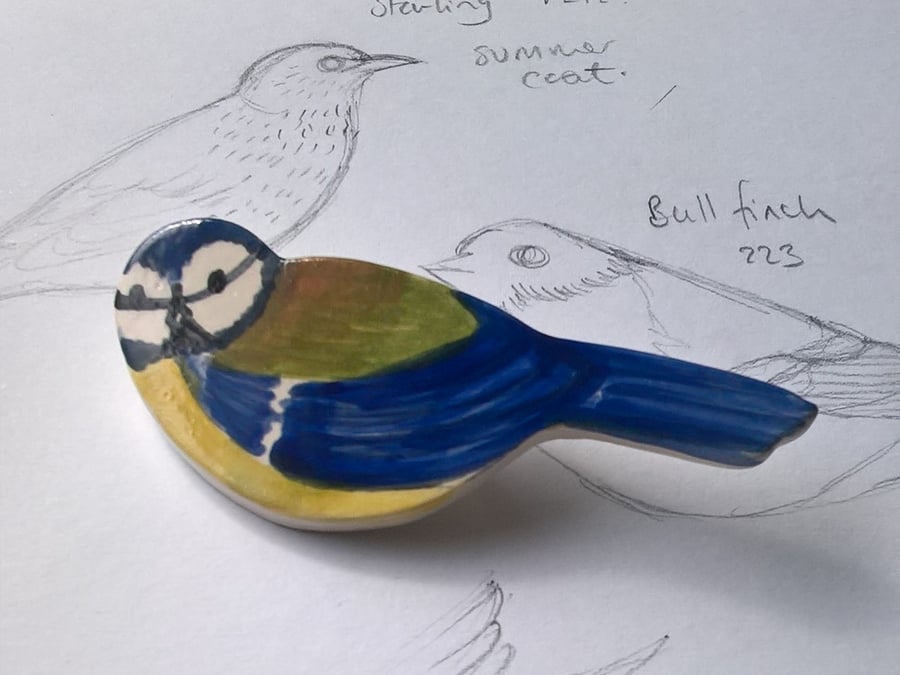 Blue tit bird ceramic brooch