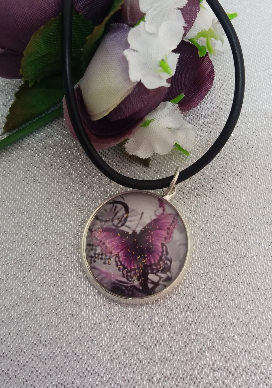 Purple butterfly on cord necklace