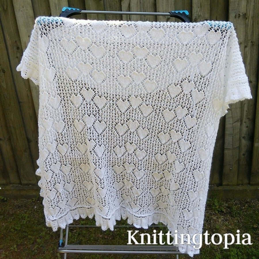 Hand knitted baby christening sweetheart shawl in pure white lace weight yarn 