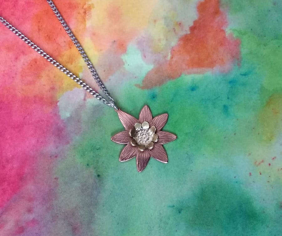 Daisy Flower Pendant, Copper & Brass on a Curb Chain