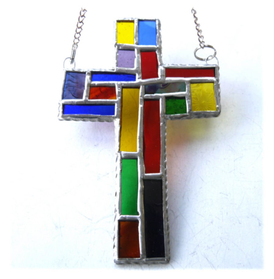 SOLD Cross Suncatcher Stained Glass Patchwork Rainbow Handmade 058