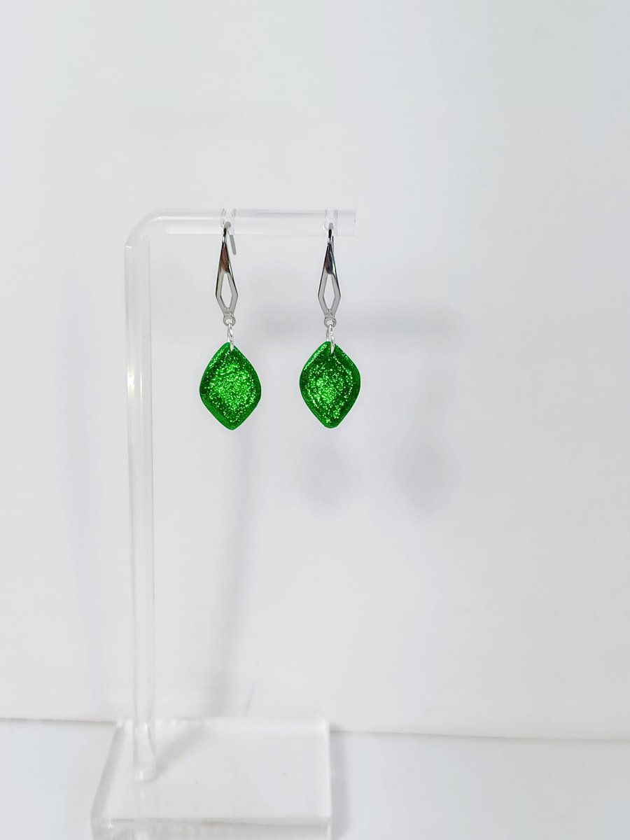 Emerald green sparkle fancy diamond shaped dangle earrings      