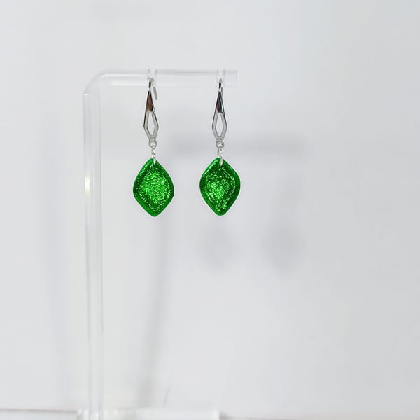 Emerald green sparkle fancy diamond shaped dangle earrings      