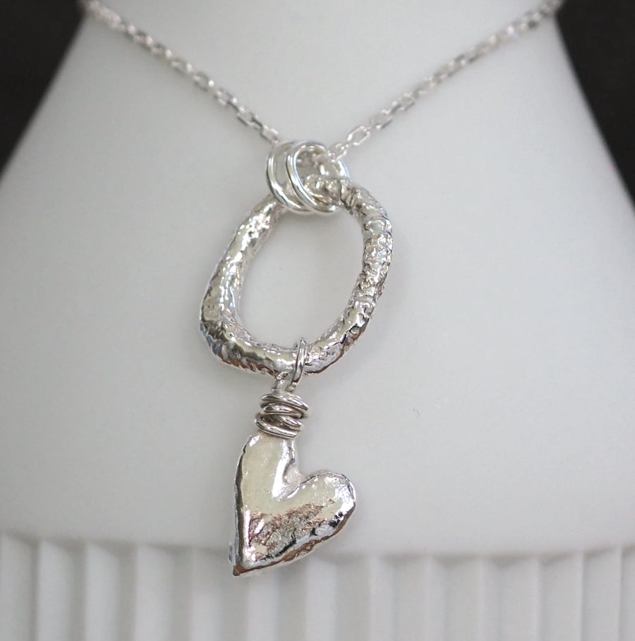 Silver heart drop necklace, molten sterling silver pendant necklace