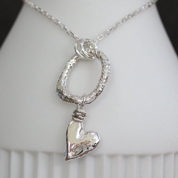 Silver heart drop necklace, molten sterling silver pendant necklace