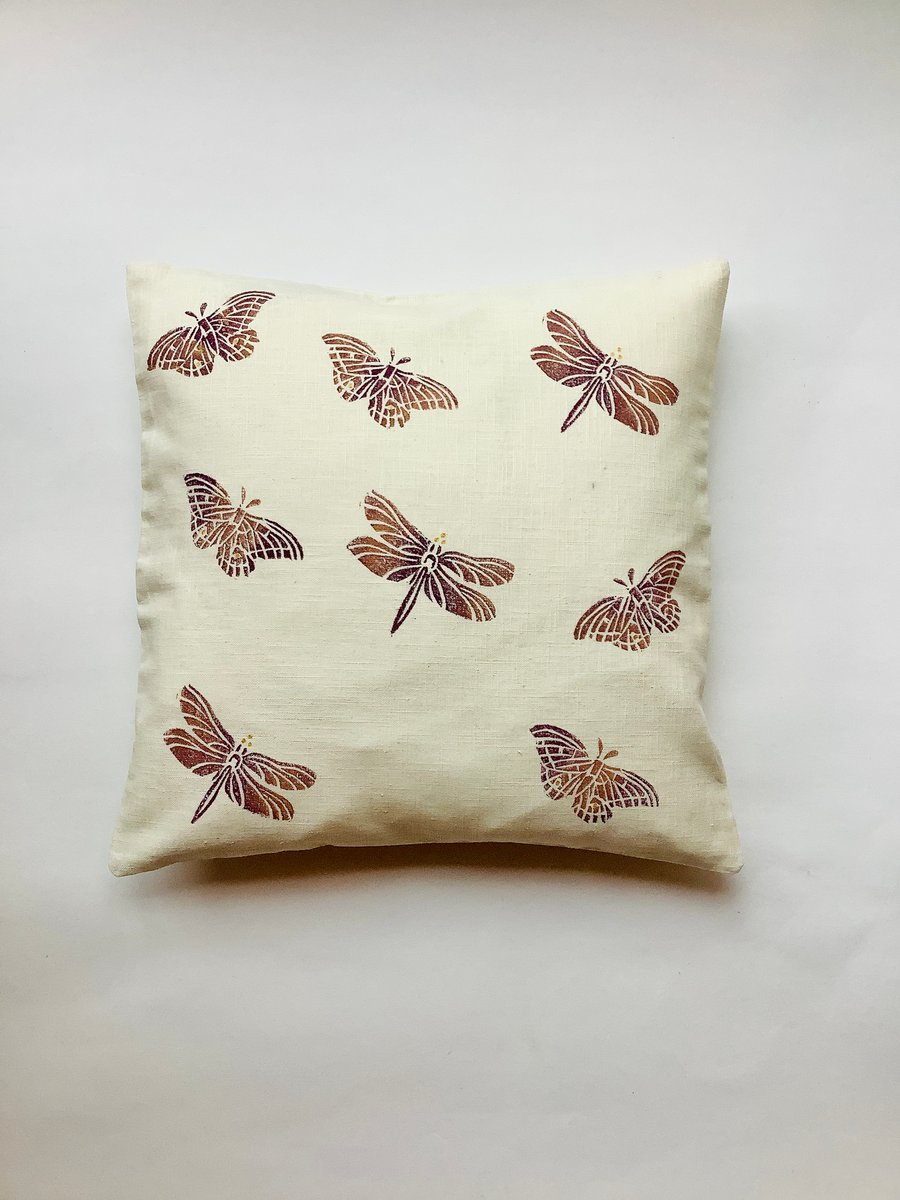 Cream Butterflies and Dragonflies linen cushion cover
