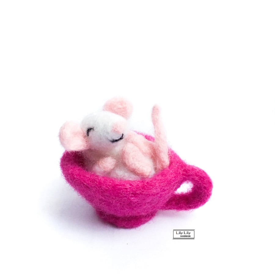 SOLD Needle felted sleepy mouse in a teacup by Lily Lily Handmade