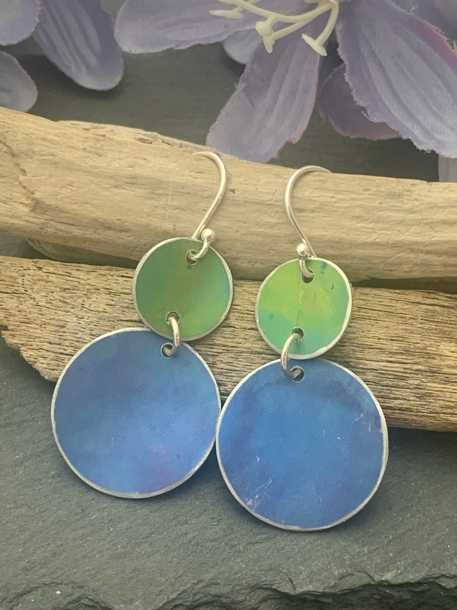 Water colour collection - hand painted aluminium earrings lime and cornflower 