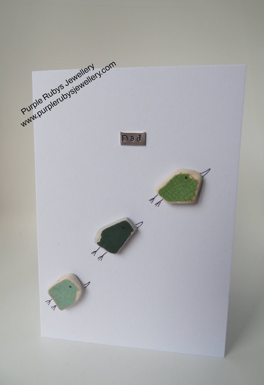 Trio of Sea Pottery Green Birds - Dad - Fathers Day - Birthday Card C200