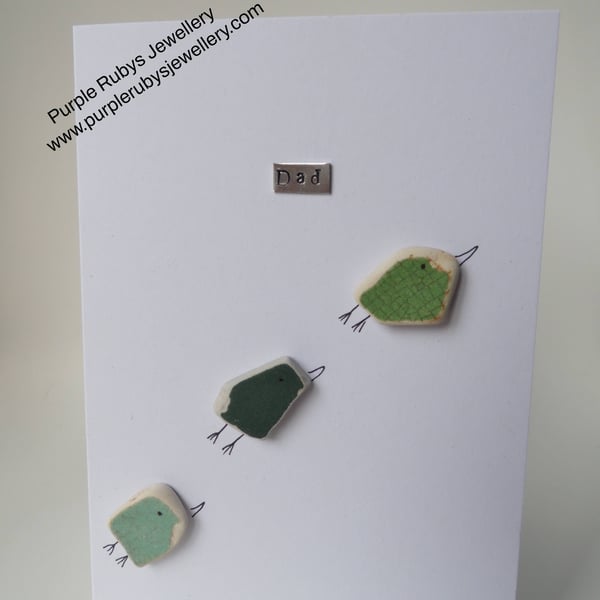 Trio of Sea Pottery Green Birds - Dad - Fathers Day - Birthday Card C200